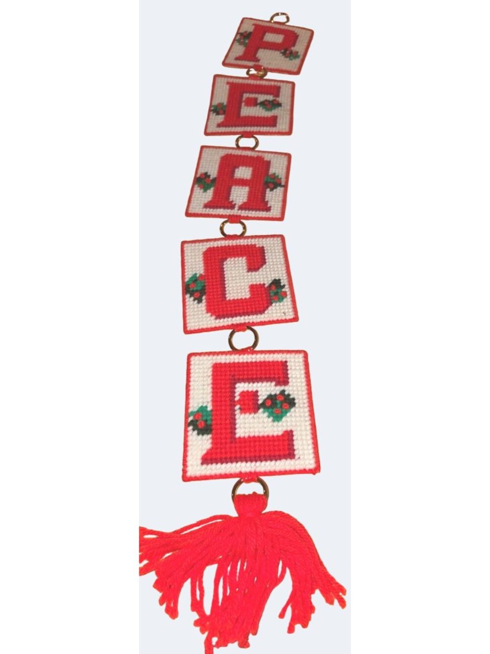 Vintage "Peace" Wall Hanging With Red Tassel & Gold Hoops 30"x4.5" Plastic Canva